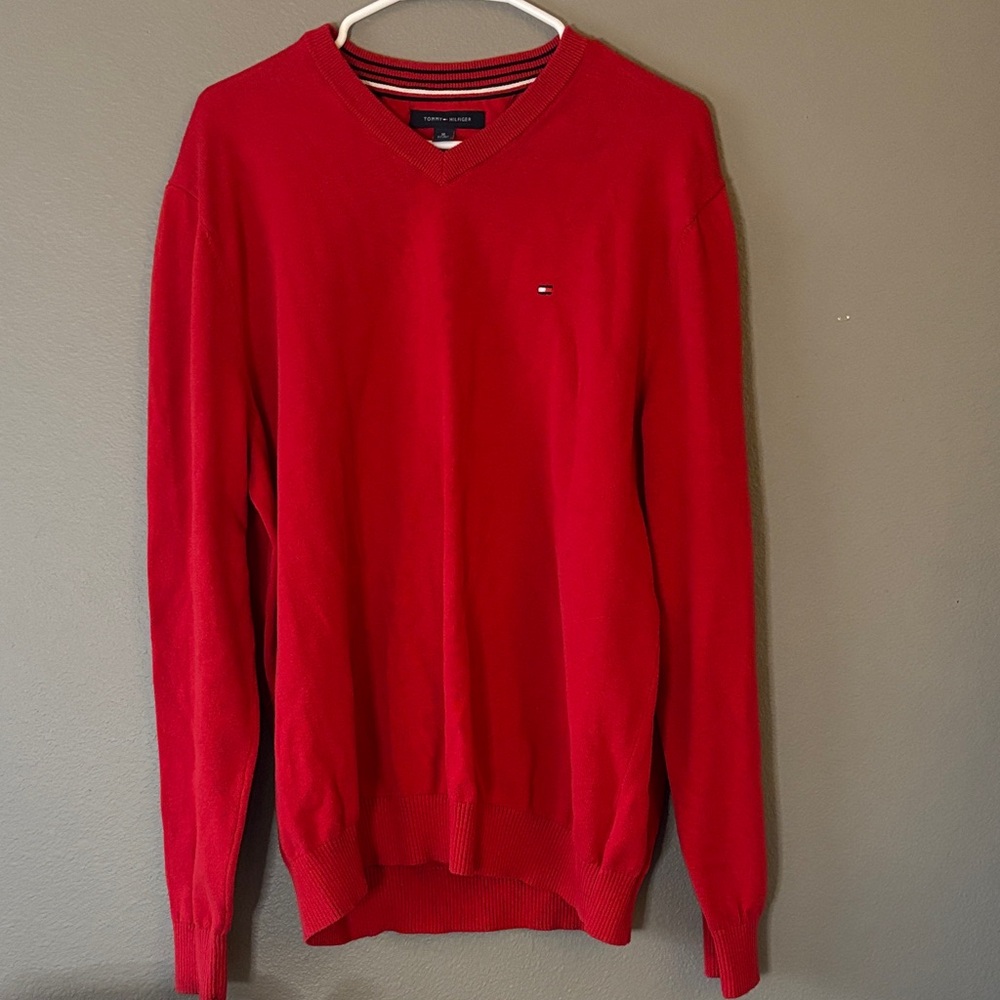 Tommy Hilfiger Red V-Neck Sweater | Logo Knit Pullover | Men’s XL Classic Preppy